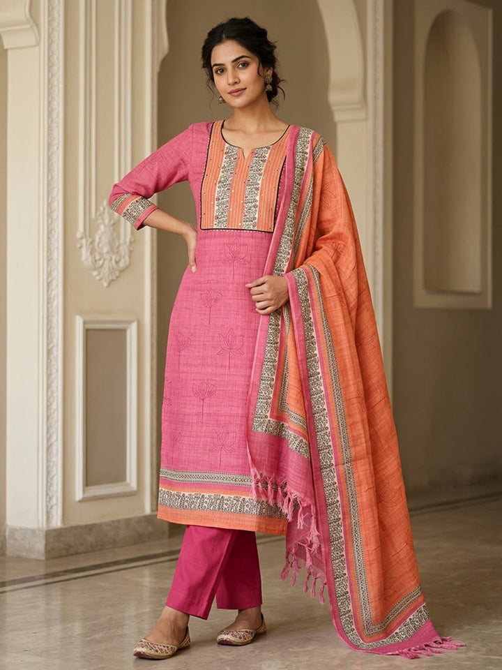 Orange Chanderi Embroidered Unstitched Dress Material