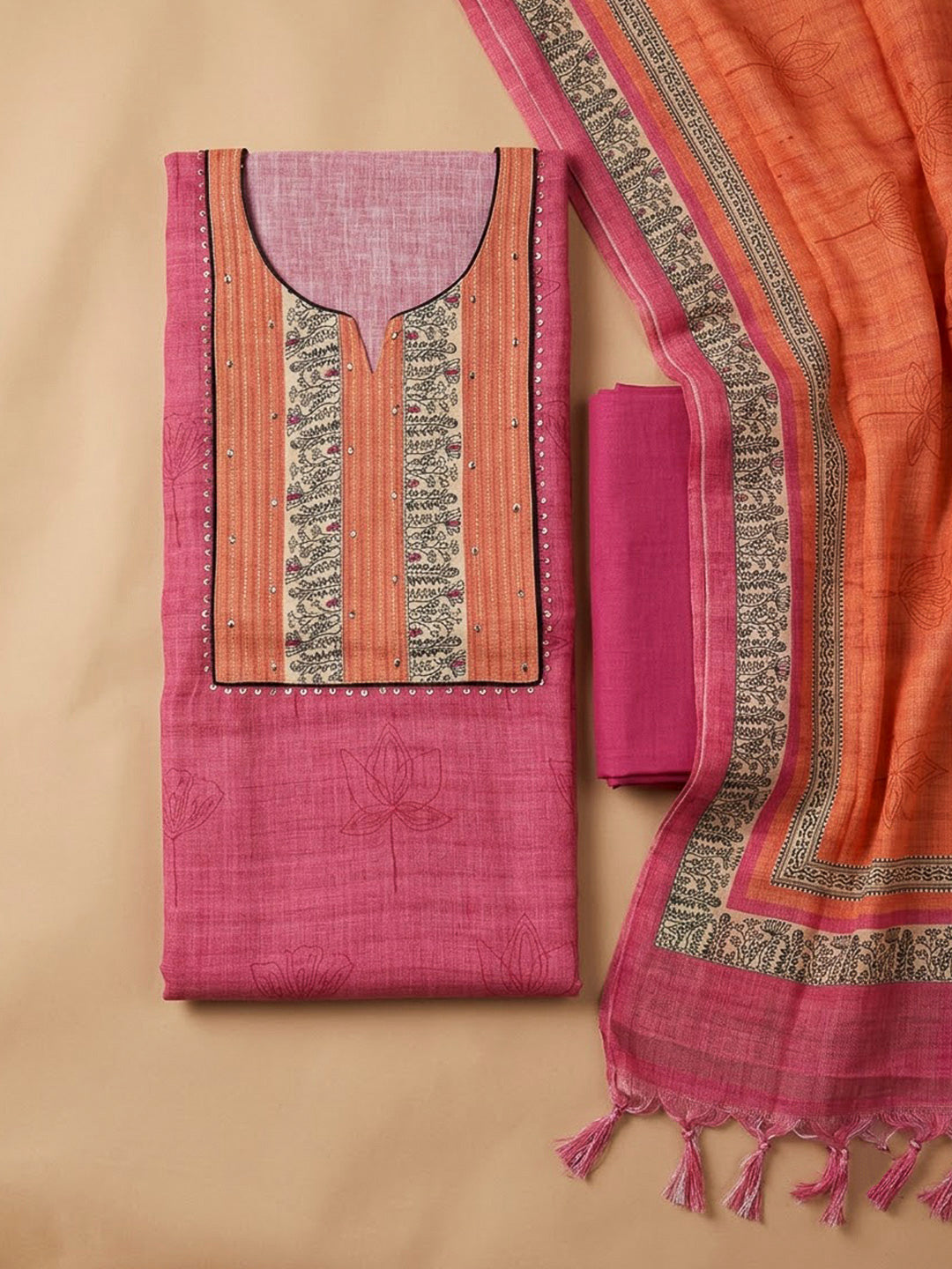 Orange Chanderi Embroidered Unstitched Dress Material