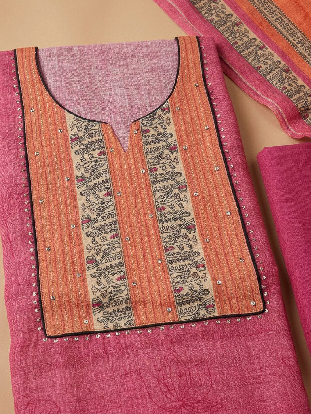 Orange Chanderi Embroidered Unstitched Dress Material