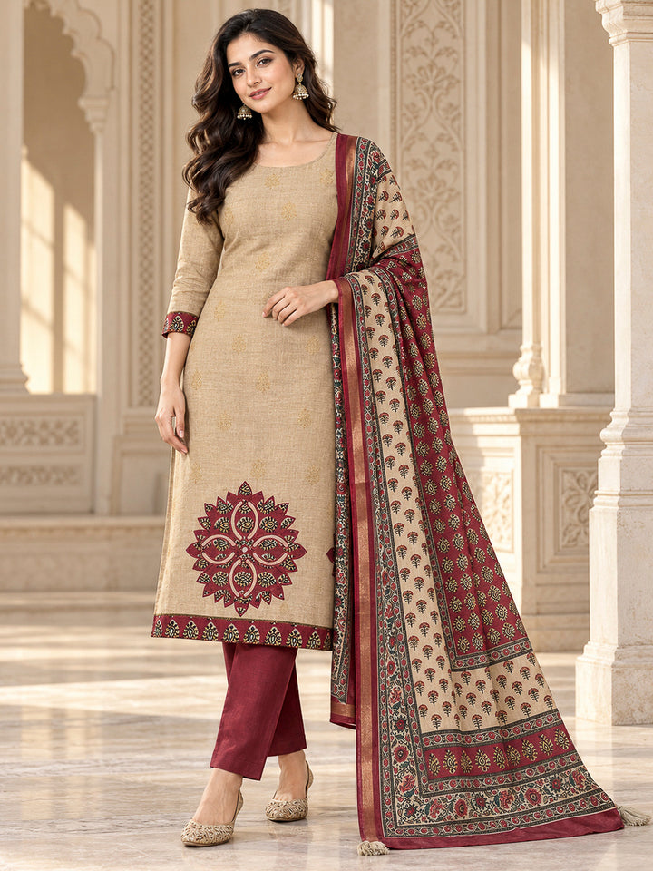 Beige Tussar Printed Unstitched Dress Material