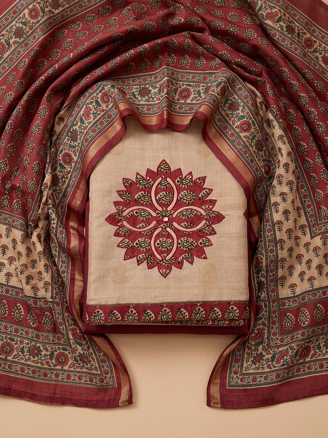 Beige Tussar Printed Unstitched Dress Material