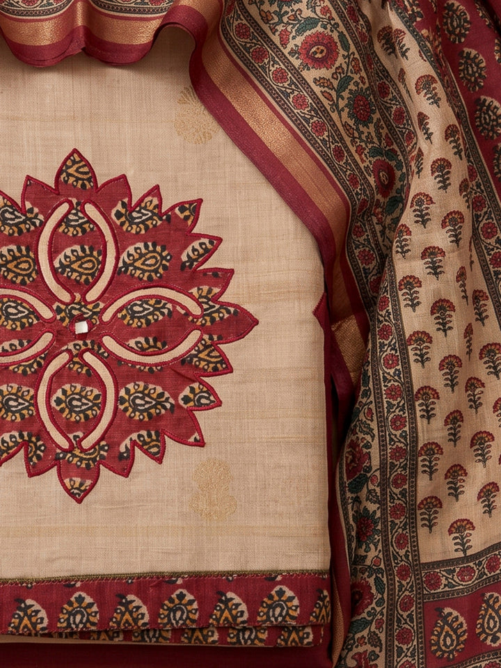 Beige Tussar Printed Unstitched Dress Material