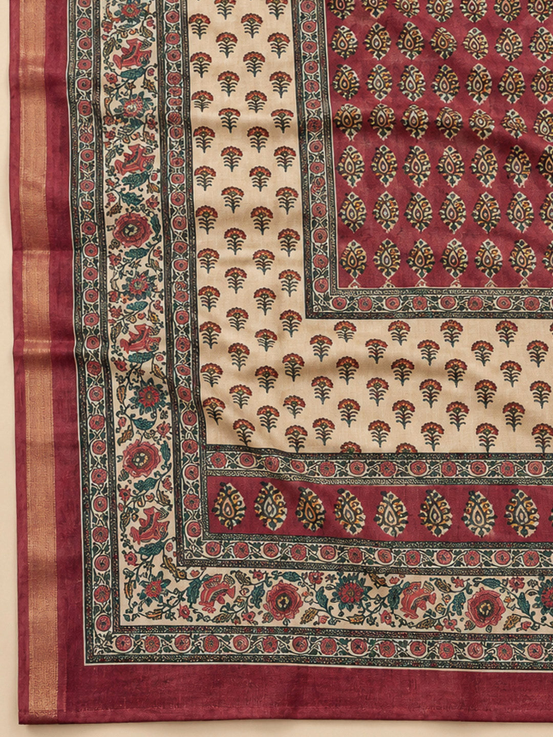 Beige Tussar Printed Unstitched Dress Material