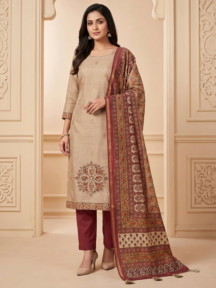 Beige Tussar Printed Unstitched Dress Material