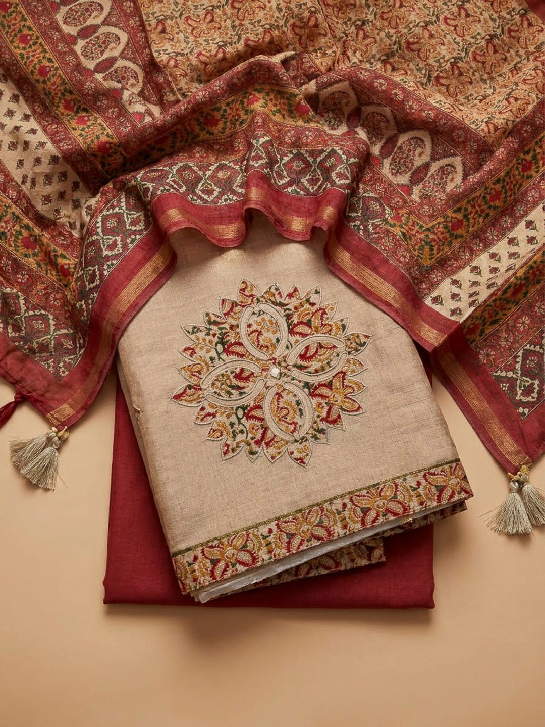 Beige Tussar Printed Unstitched Dress Material