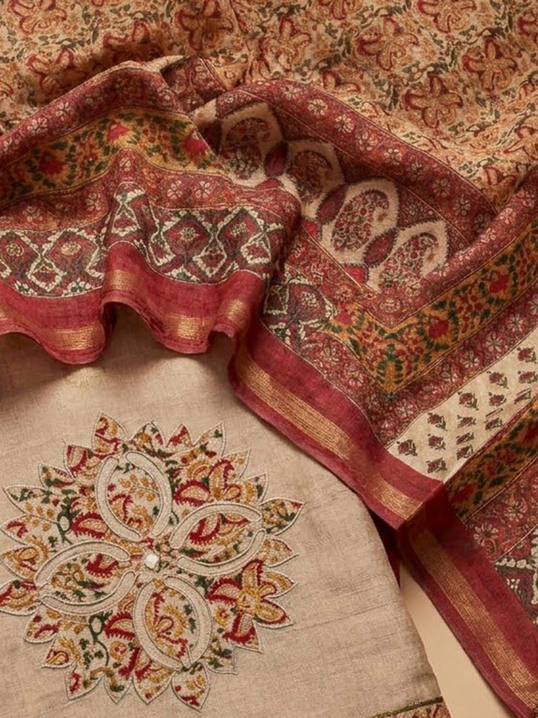 Beige Tussar Printed Unstitched Dress Material