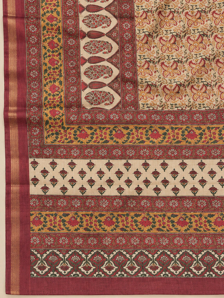 Beige Tussar Printed Unstitched Dress Material