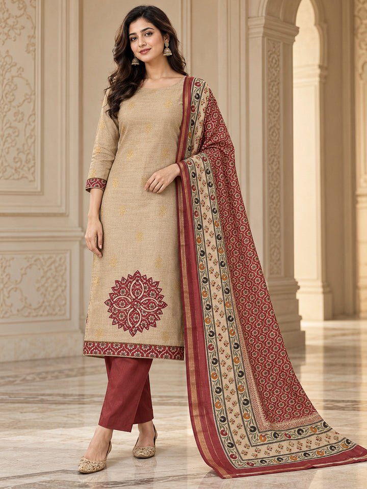 Beige Tussar Printed Unstitched Dress Material