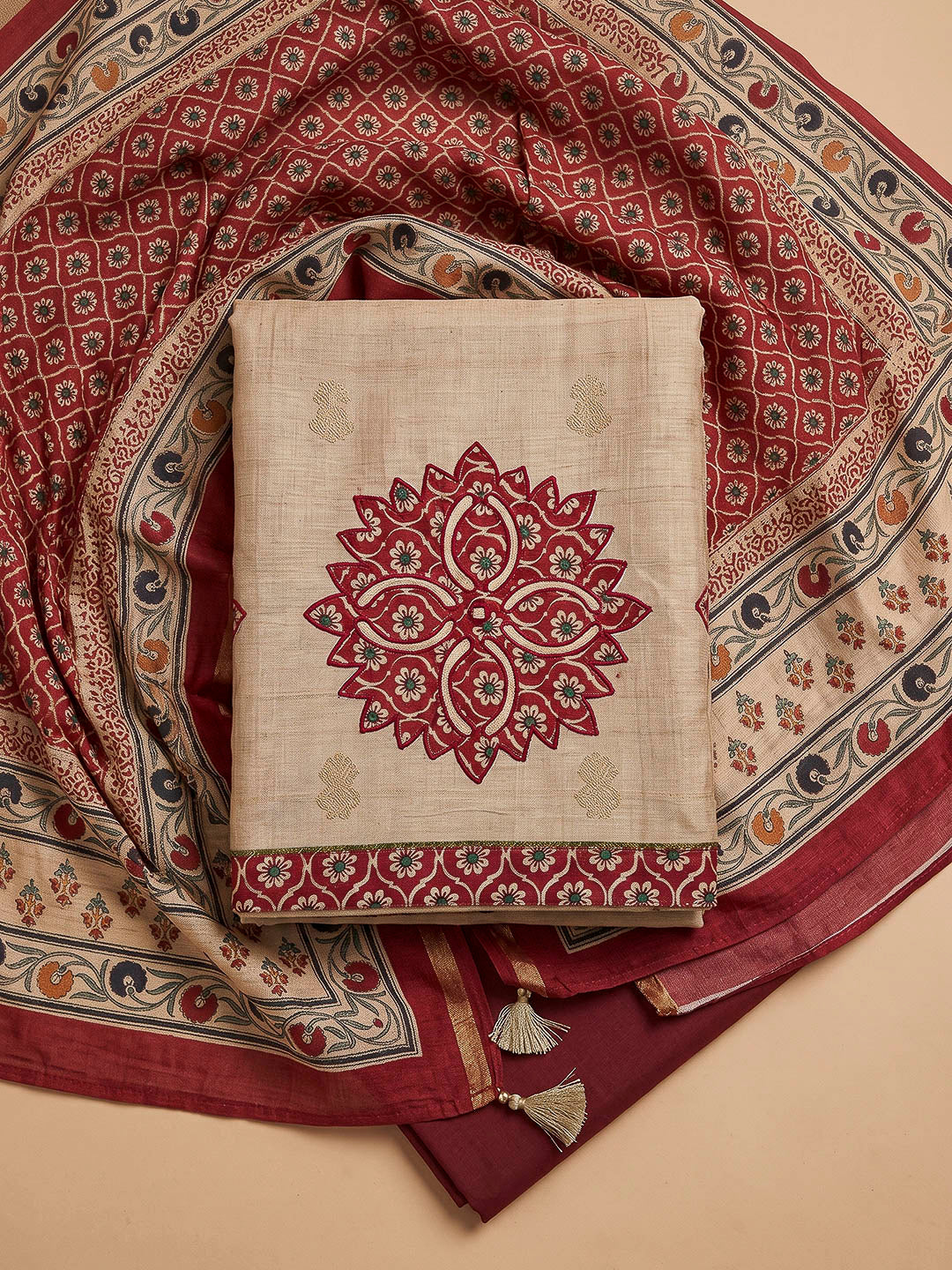 Beige Tussar Printed Unstitched Dress Material