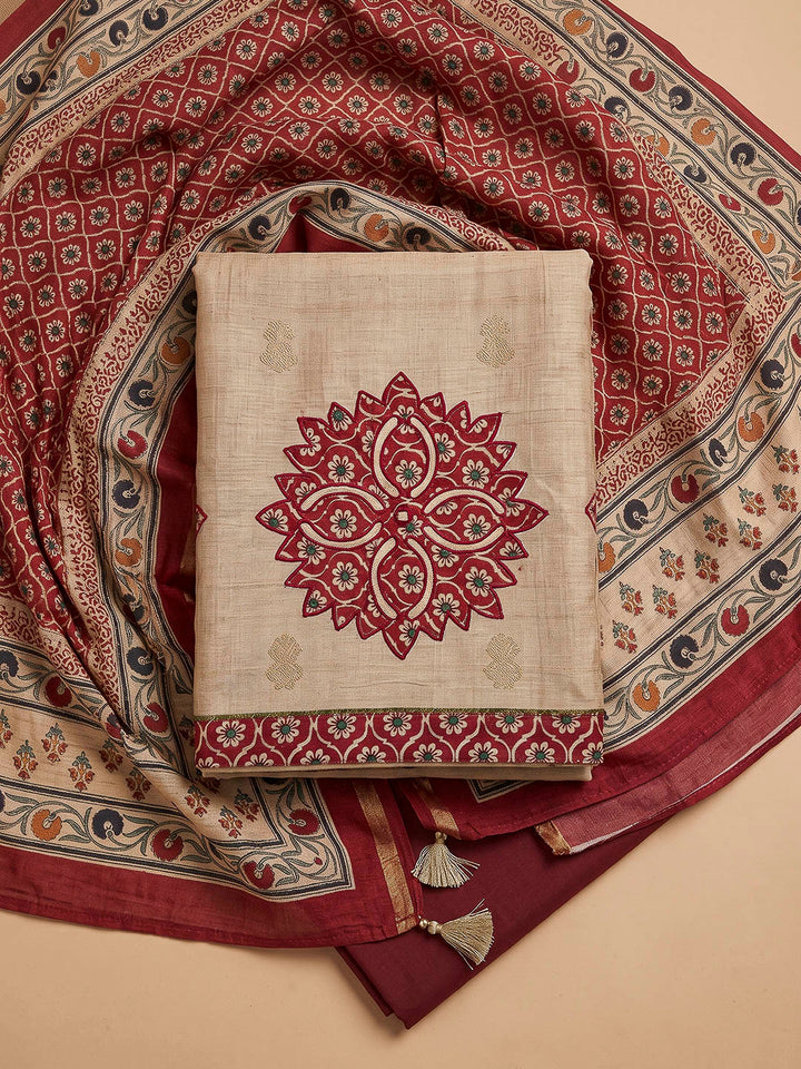 Beige Tussar Printed Unstitched Dress Material