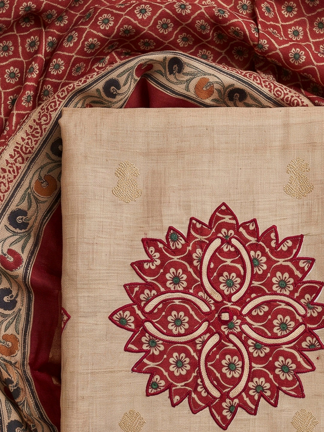Beige Tussar Printed Unstitched Dress Material