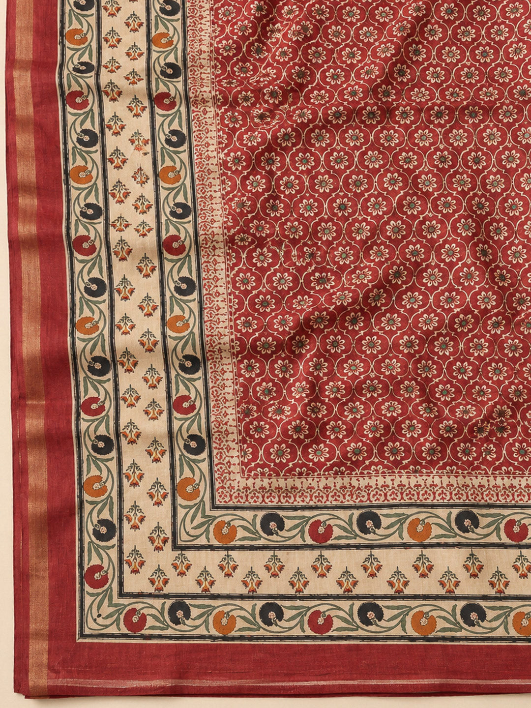Beige Tussar Printed Unstitched Dress Material