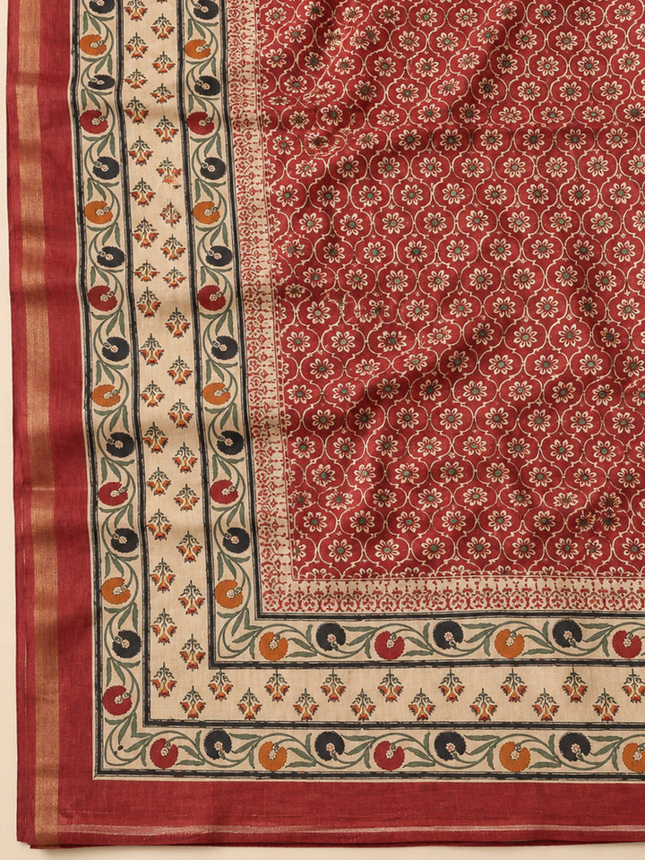 Beige Tussar Printed Unstitched Dress Material