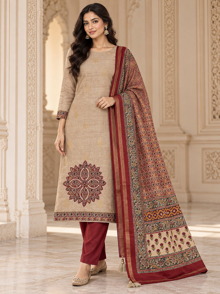 Beige Tussar Printed Unstitched Dress Material