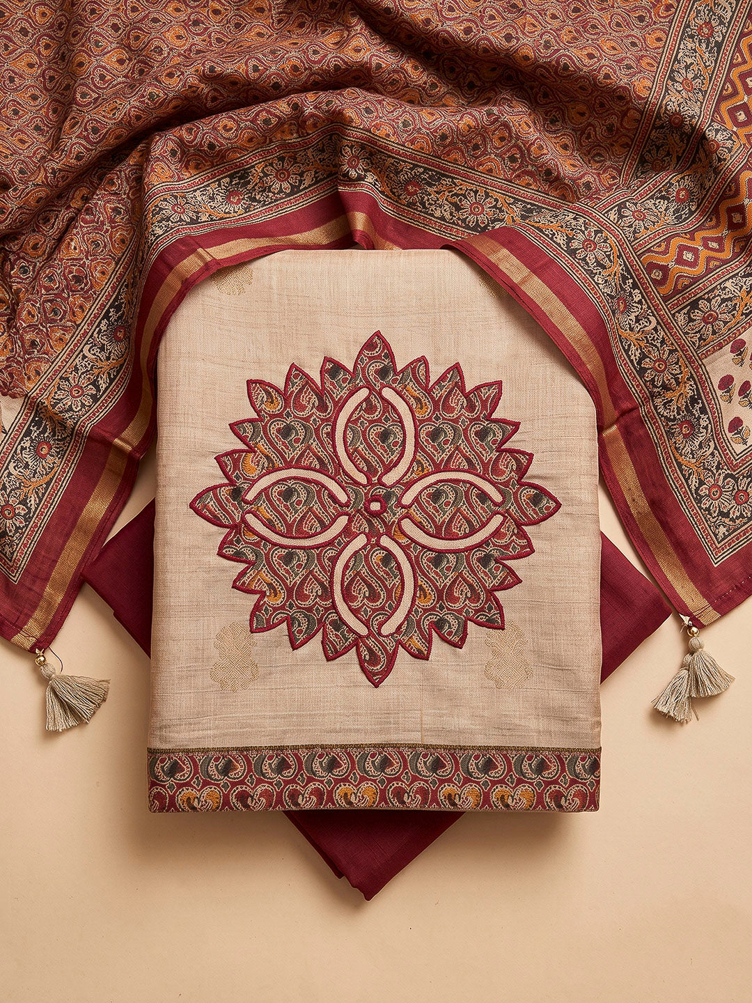 Beige Tussar Printed Unstitched Dress Material
