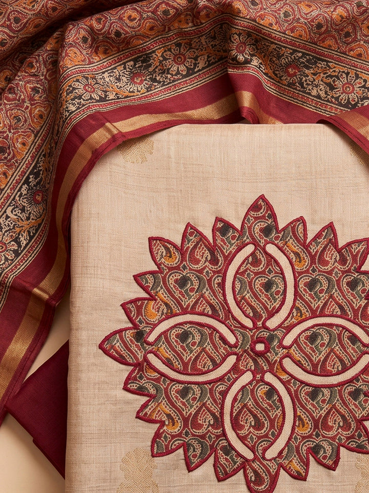 Beige Tussar Printed Unstitched Dress Material