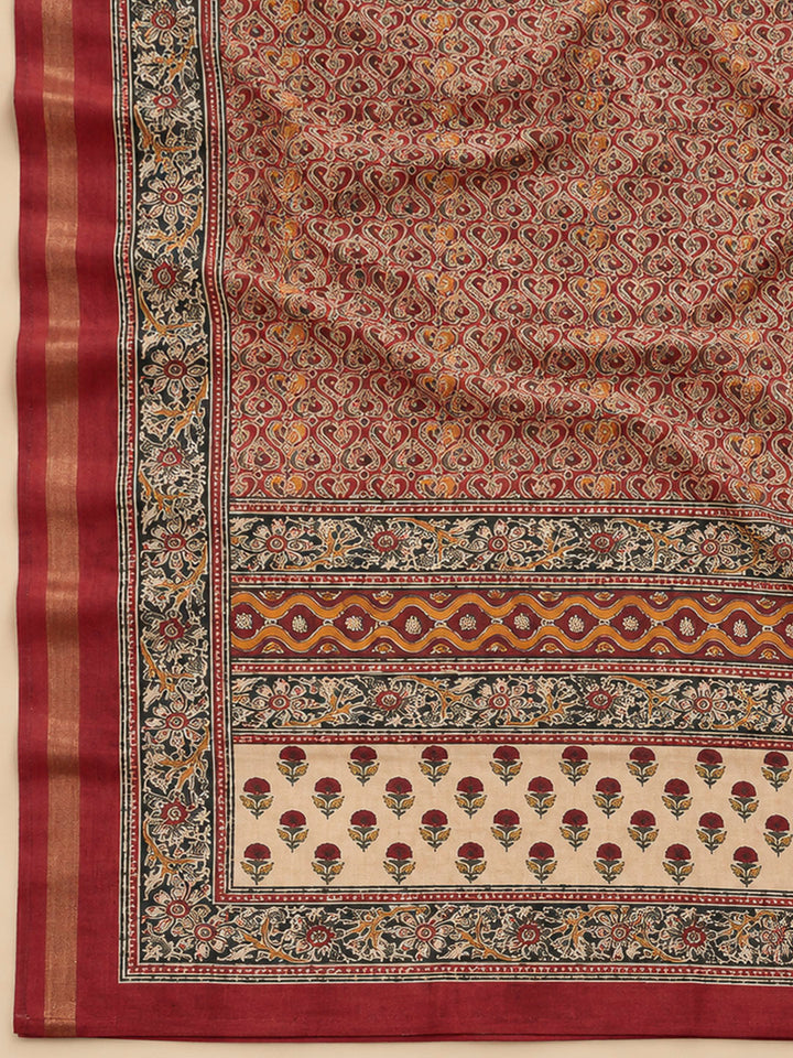 Beige Tussar Printed Unstitched Dress Material