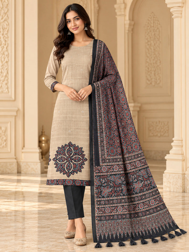 Black Tussar Printed Unstitched Dress Material