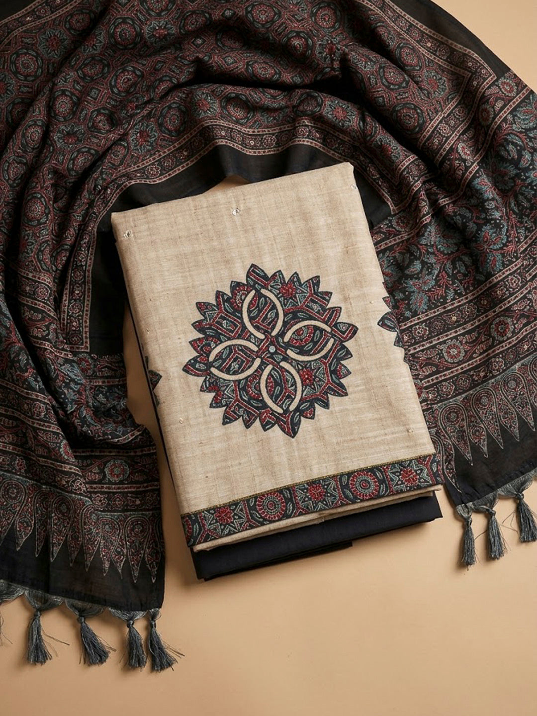 Black Tussar Printed Unstitched Dress Material