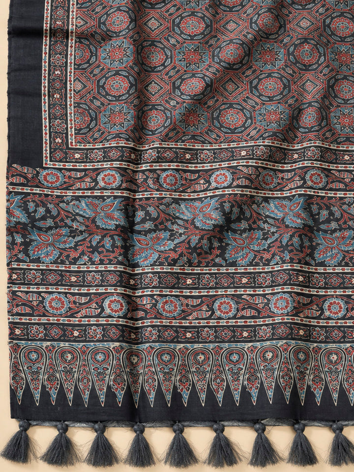 Black Tussar Printed Unstitched Dress Material
