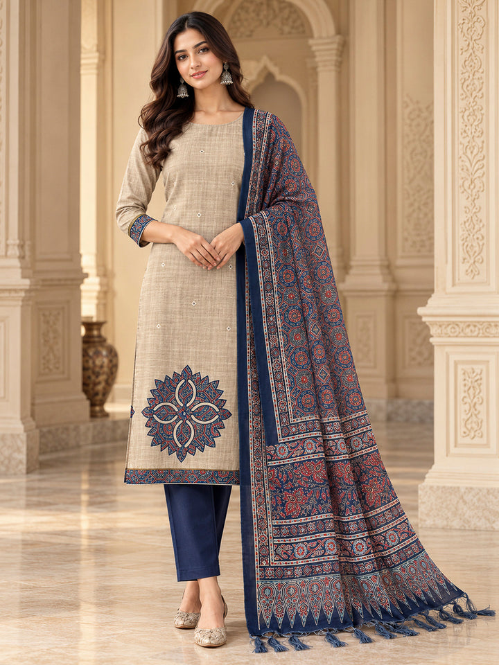 Blue Tussar Printed Unstitched Dress Material