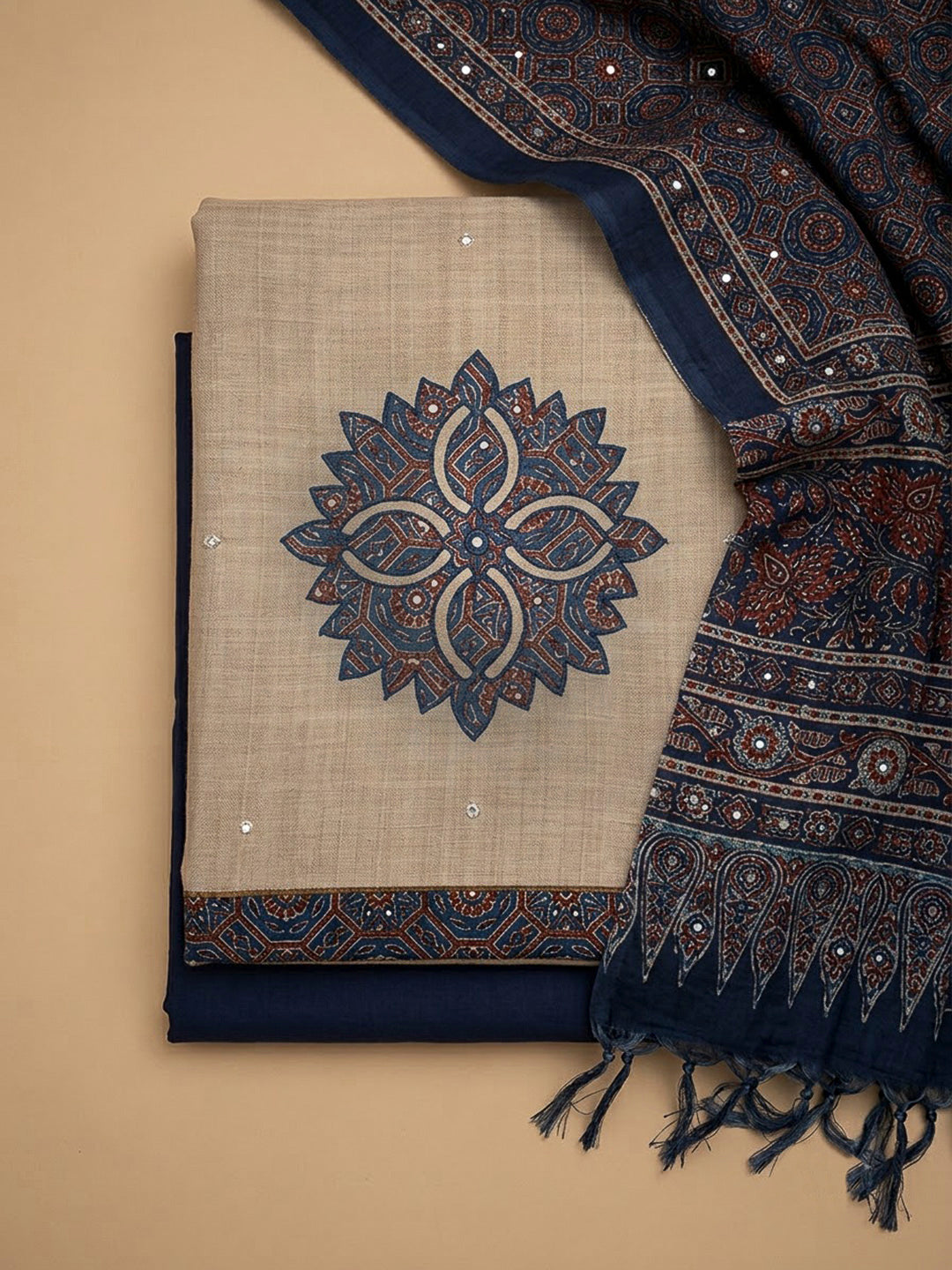 Blue Tussar Printed Unstitched Dress Material
