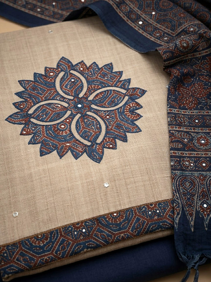 Blue Tussar Printed Unstitched Dress Material