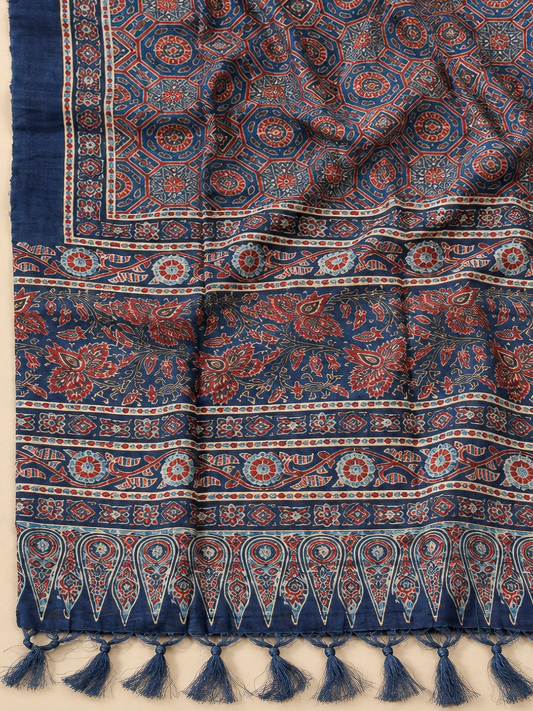 Blue Tussar Printed Unstitched Dress Material