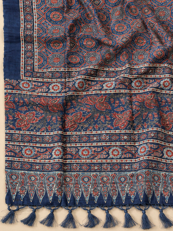 Blue Tussar Printed Unstitched Dress Material