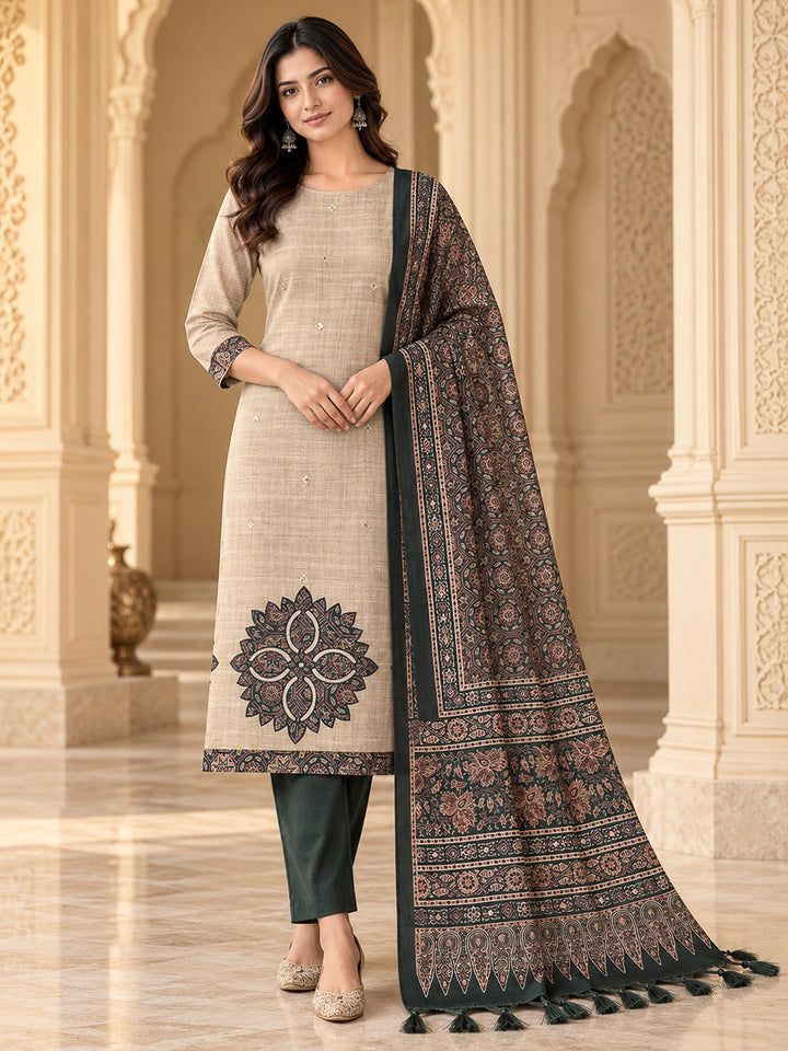 Green Tussar Printed Unstitched Dress Material