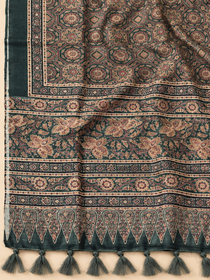 Green Tussar Printed Unstitched Dress Material