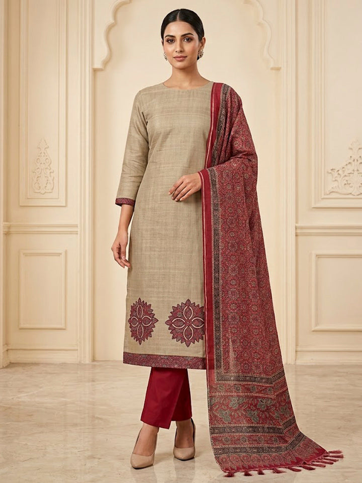 Red Tussar Printed Unstitched Dress Material