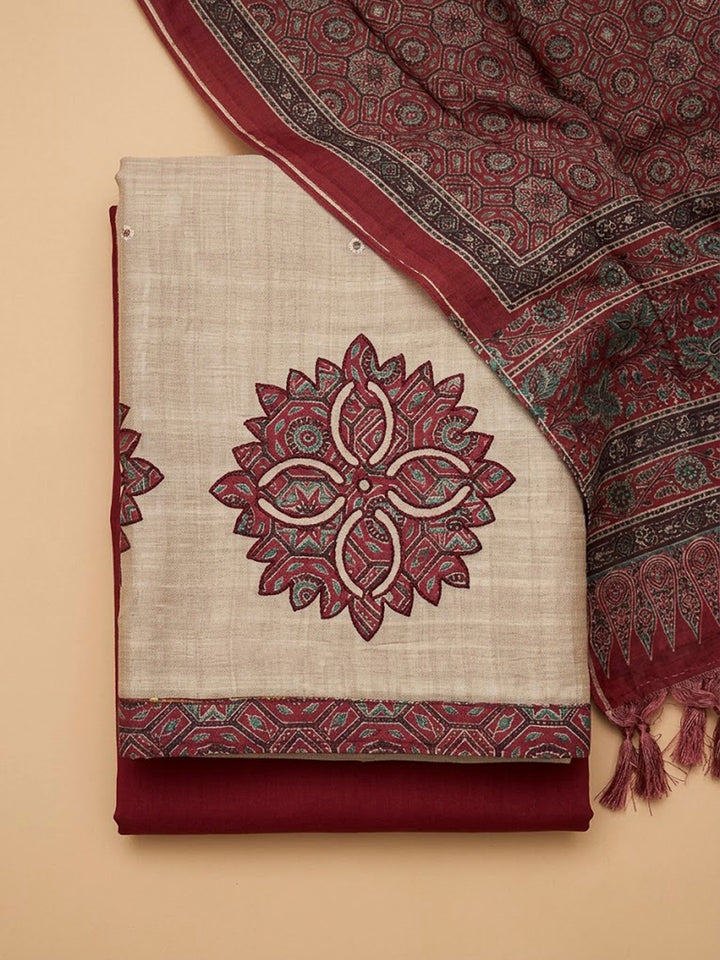 Red Tussar Printed Unstitched Dress Material
