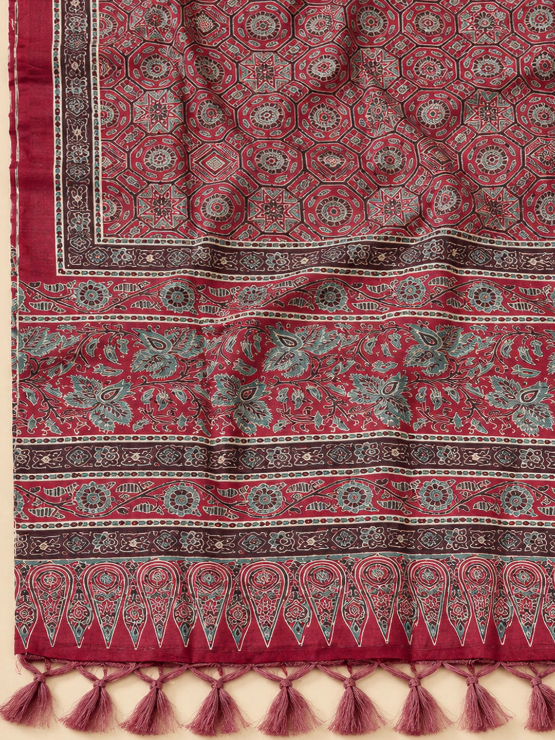 Red Tussar Printed Unstitched Dress Material