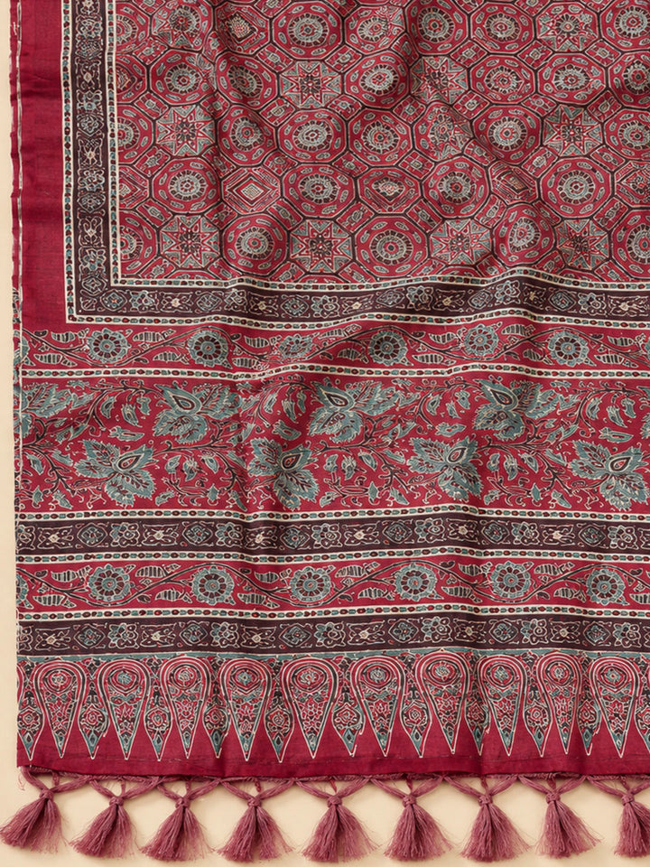 Red Tussar Printed Unstitched Dress Material