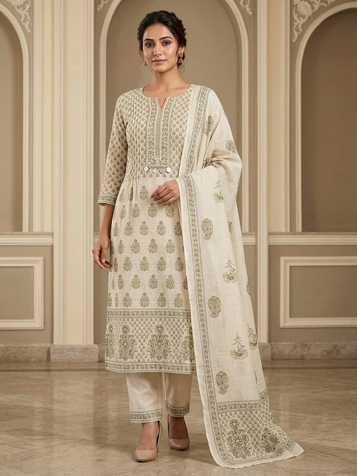 Beige Chanderi Embroidered Unstitched Dress Material