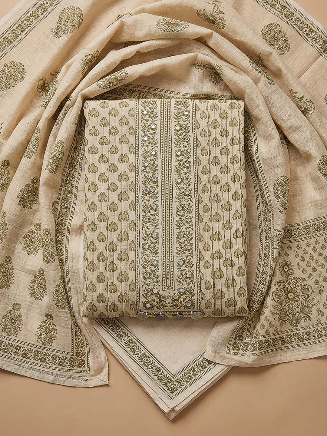 Beige Chanderi Embroidered Unstitched Dress Material
