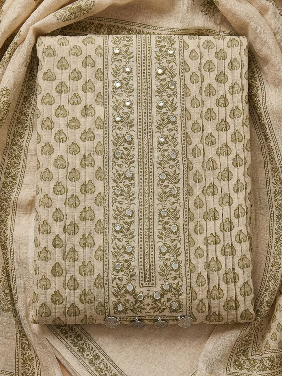 Beige Chanderi Embroidered Unstitched Dress Material