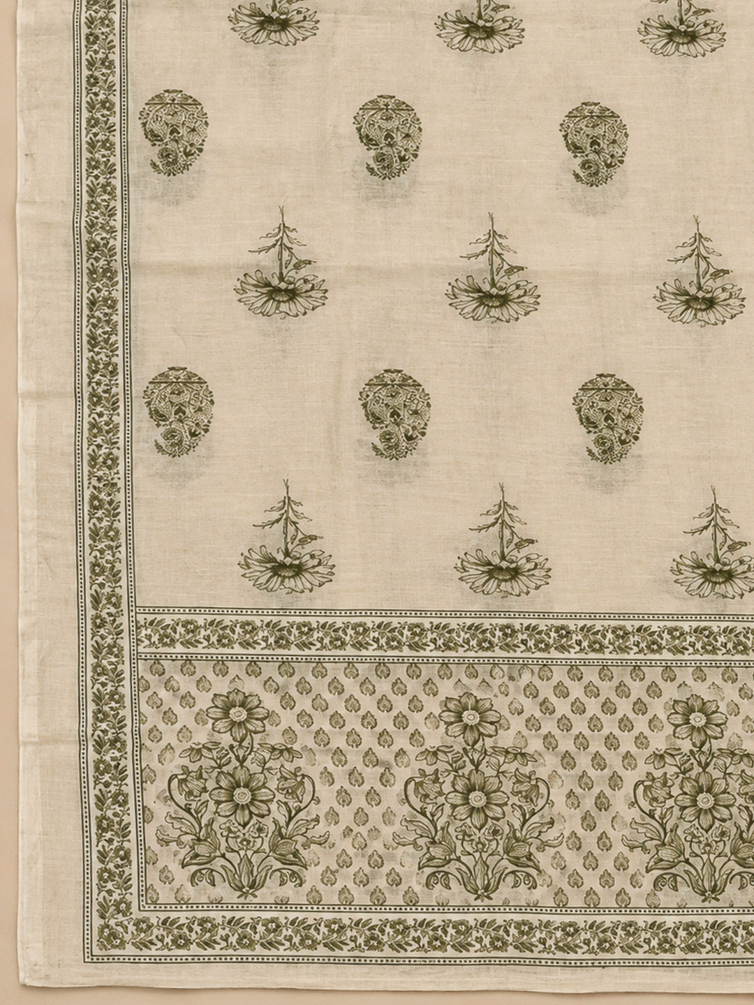 Beige Chanderi Embroidered Unstitched Dress Material