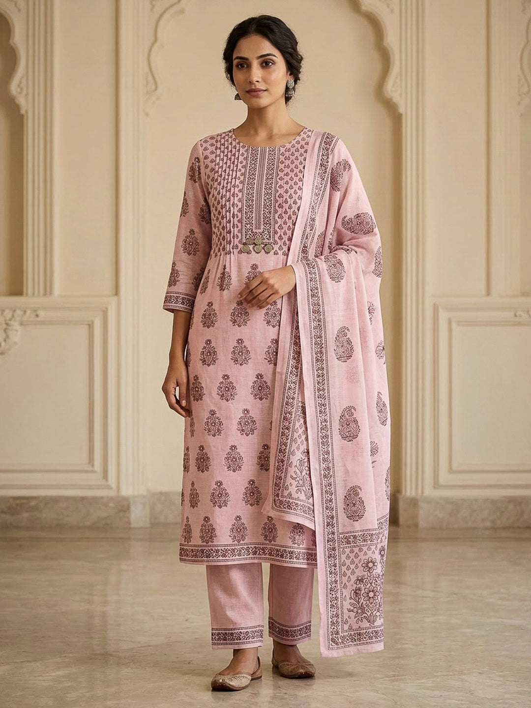 Peach Chanderi Embroidered Unstitched Dress Material