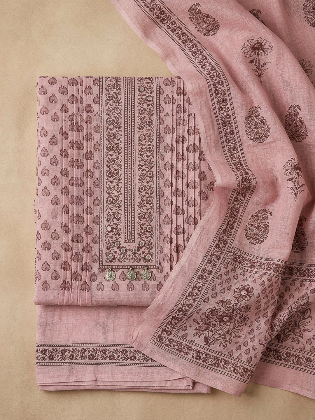 Peach Chanderi Embroidered Unstitched Dress Material
