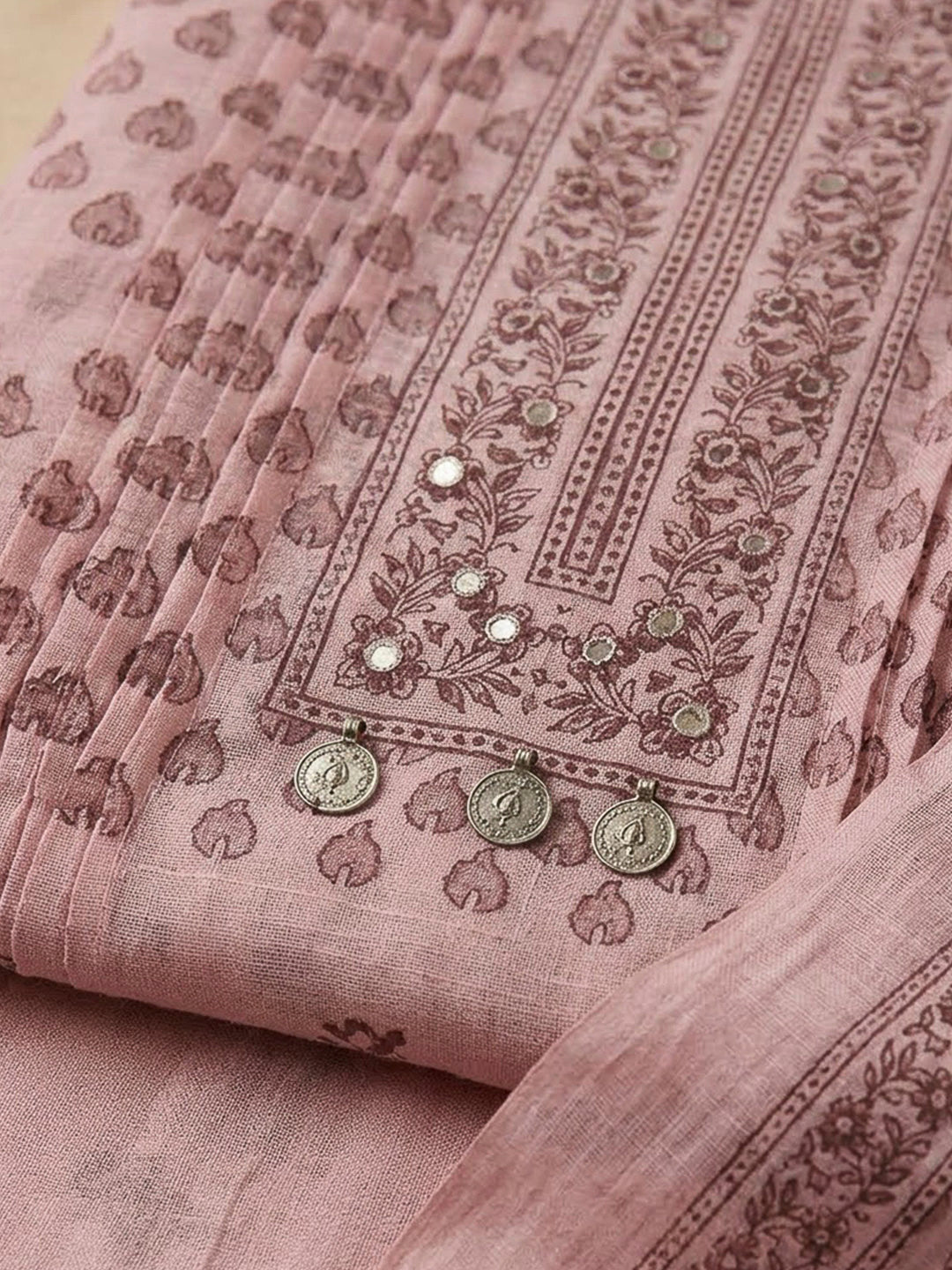 Peach Chanderi Embroidered Unstitched Dress Material