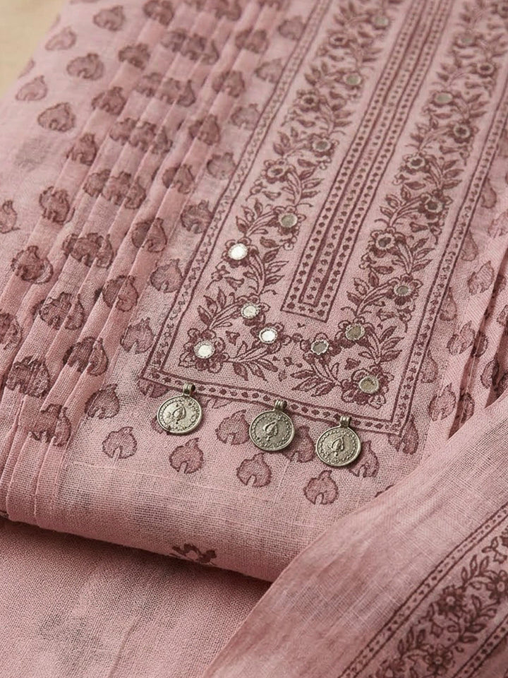 Peach Chanderi Embroidered Unstitched Dress Material