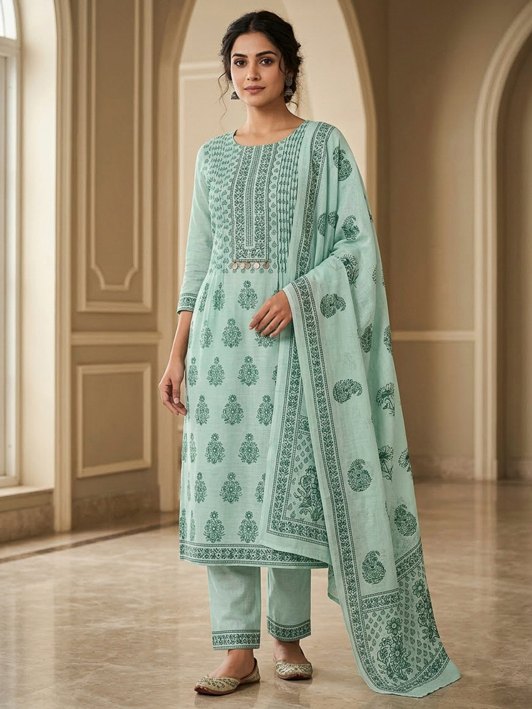 Sea Green Chanderi Embroidered Unstitched Dress Material