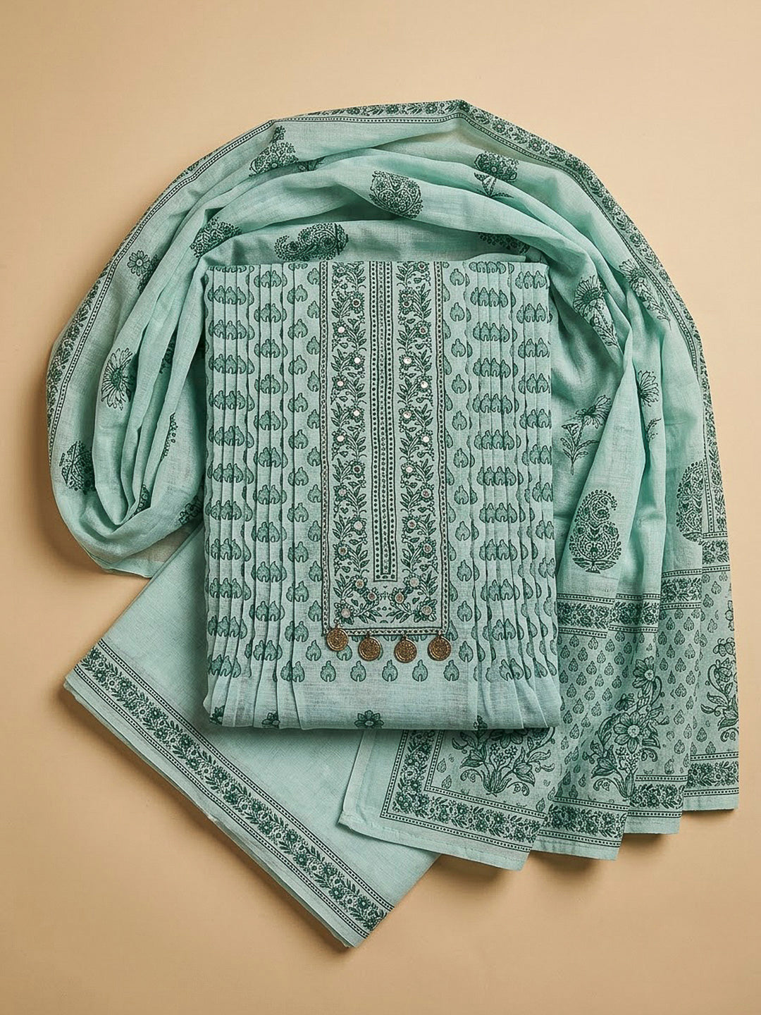Sea Green Chanderi Embroidered Unstitched Dress Material