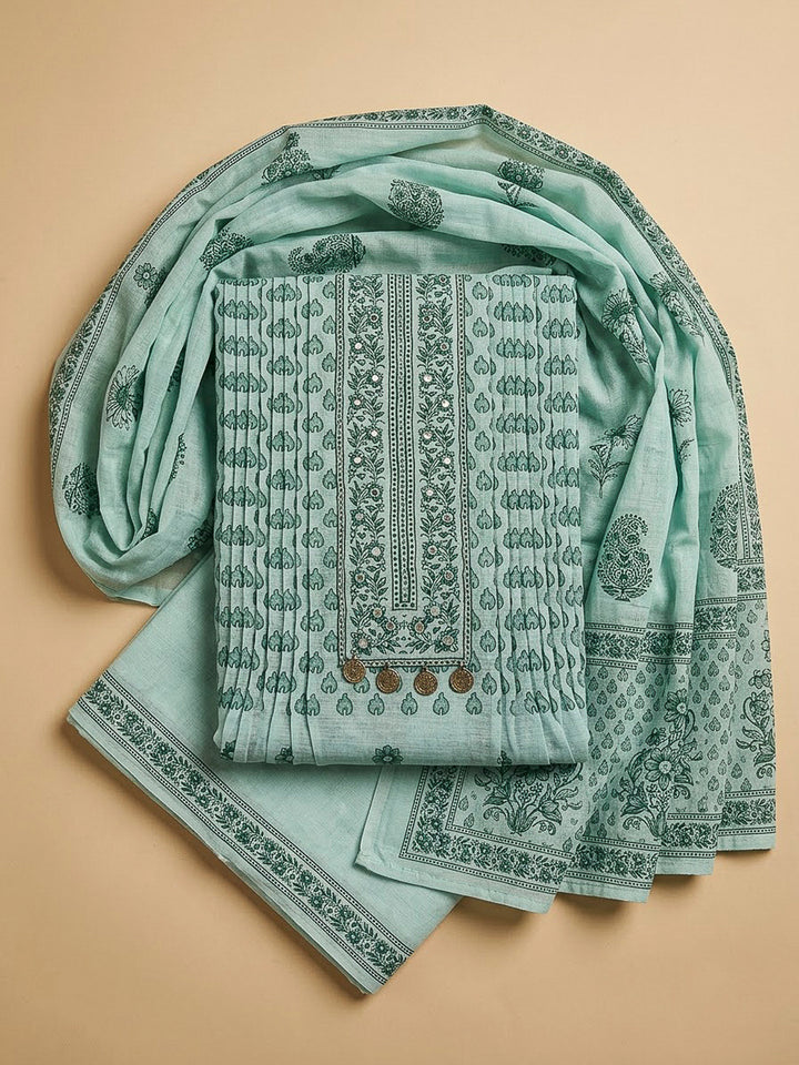 Sea Green Chanderi Embroidered Unstitched Dress Material