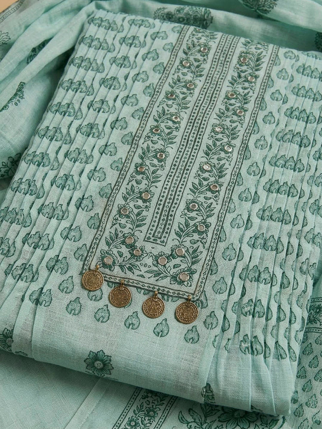 Sea Green Chanderi Embroidered Unstitched Dress Material