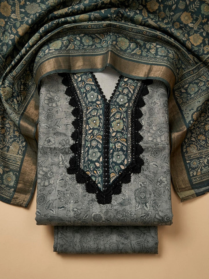 Grey Chanderi Printed Unstitched Dress Material