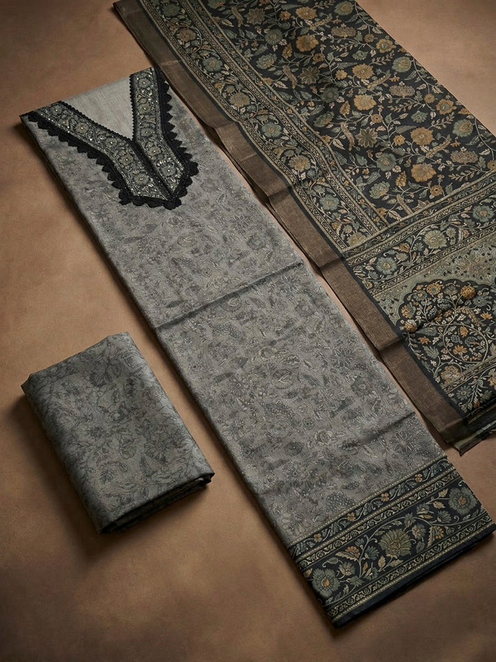 Grey Chanderi Printed Unstitched Dress Material