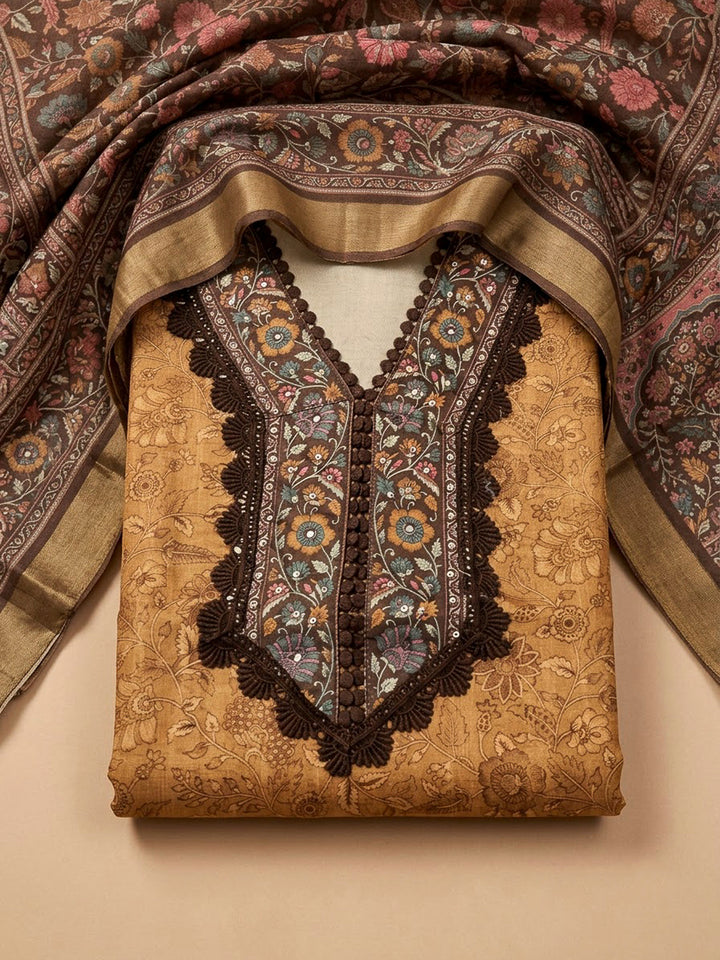 Mustard Chanderi Printed Unstitched Dress Material